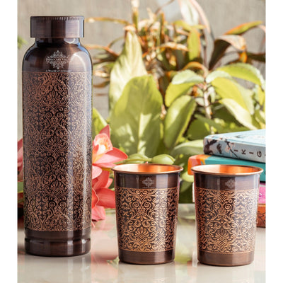 Antique Embossed Copper Bottle Gift Set With 1 Copper Bottle & 2 Glass