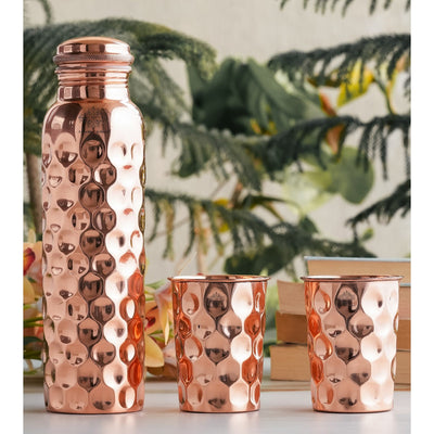 Pure Copper Leak Proof Water Bottle & Two Glass- Diamond Design