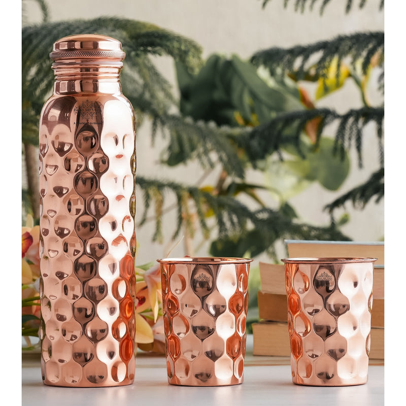 Beautifully diamond hammered copper water bottle and glass set, Indian Art Villa, with leak-proof closure
