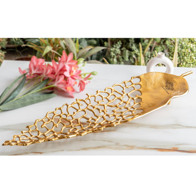 Gold Finish Antique Lacquer Matte Leaf Cutting Design Tray