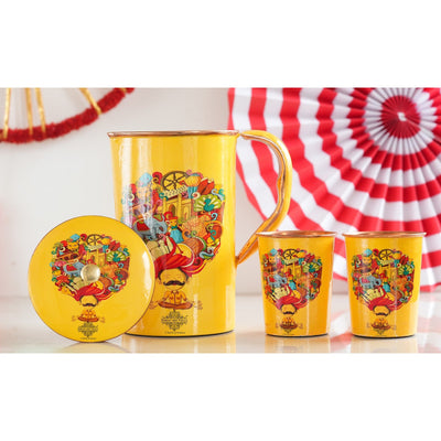 Pure Copper Printed Padharo Mhare Desh Jug & Glass Gift Set