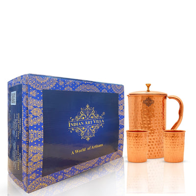 Pure Copper Hammered Design Jug & Glass with Box