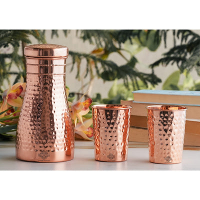 Pure Copper Gift SetHammered Design-Bottle 900ML & 2 Glasses 300ML