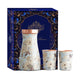 Indian Art Villa blue floral printed copper bottle with gold design and two printed copper glasses in same finish