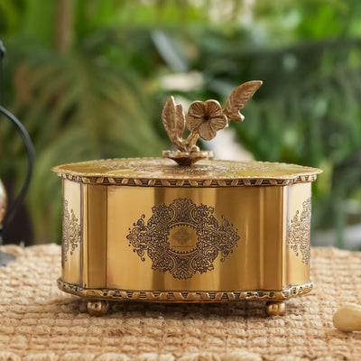Royal Brass Dry Fruit Box with Floral Lid