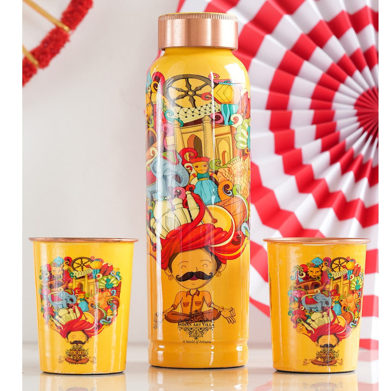 Indian Art Villa's Copper Bottle & Glass Set adorned with Rajasthani Meena 'Padharo Mhare Desh' and Ayurvedic Drinkware, featuring Pagdi Art.