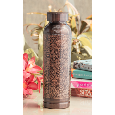 Pure Copper  Bottle with Antique Dark Embossed Design – 900 ML