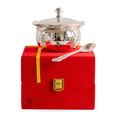 Silver-Plated Hammered Bowl with Lid & Spoon , Elegant Gift Box
