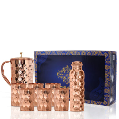 Pure Copper Drinkware Gift Set, Diamond Design, Set of 6 Glass