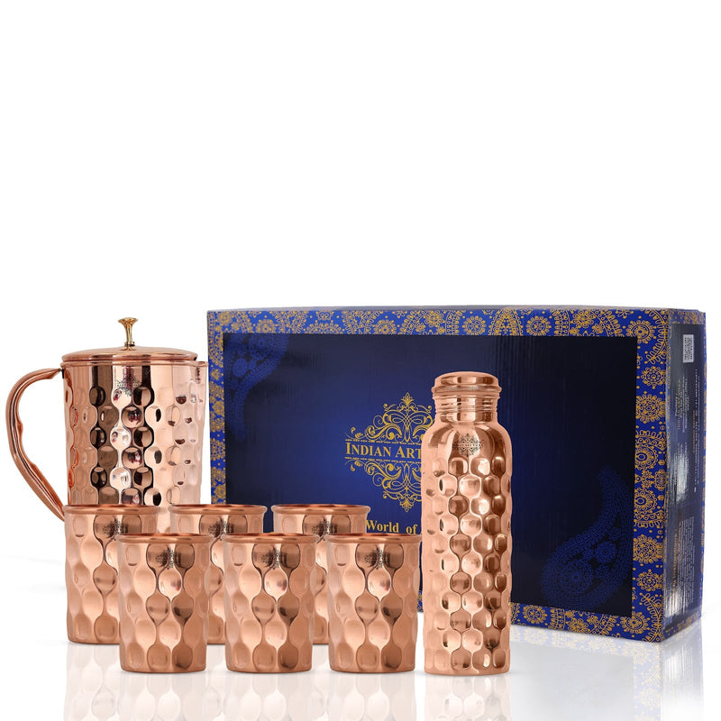 Indian Art Villa’s beautifully crafted copper drinkware set with a diamond finish, perfect for any special occasion or gifting.