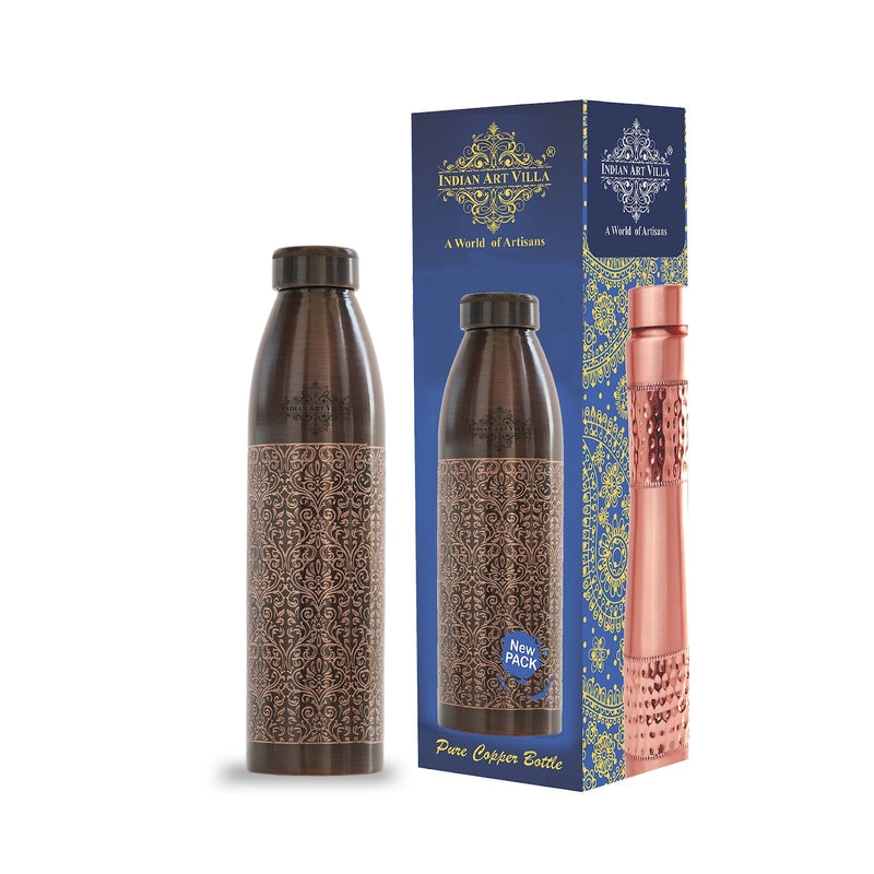 Antique dark embossed pure copper water bottle, 900ml, made with artisanal care by Indian Art Villa