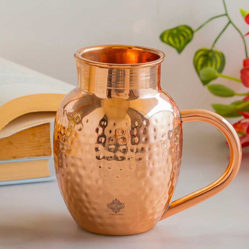 Traditional hammered copper jug in surai shape with bowl lid and handle handcrafted by Indian Art Villa for healthy use