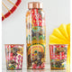 Indian Art Villa's Copper Bottle & Glass Set adorned with Rajasthani Meena 'Padharo Mhare Desh' and Ayurvedic Drinkware, featuring Pagdi Art.