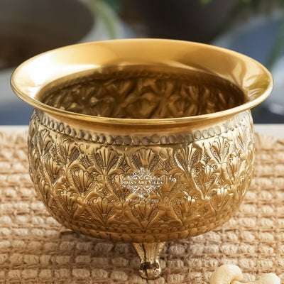 Pure Brass Dry Fruits Bowl with 3 Legs And Embossed Flower Design