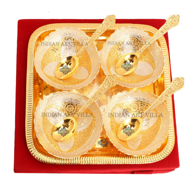 Pure Silver Plated Gold Polished 4 Bowl 4 Spoons 1 Tray