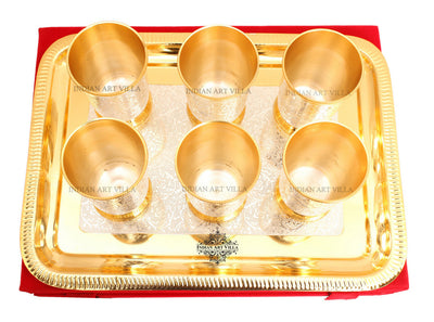 Handcrafted Pure Silver Plated Gold Polished 6 Glass with 1 Tray