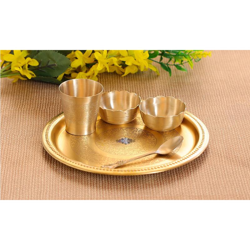 Pure Brass 5 Pieces Matt Finish Embossed Design Laddu Gopal Dinner Set