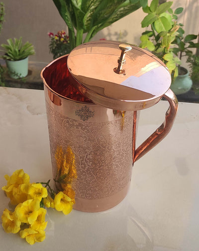 Pure Copper Embossed Jug With Brass Knob on Lid