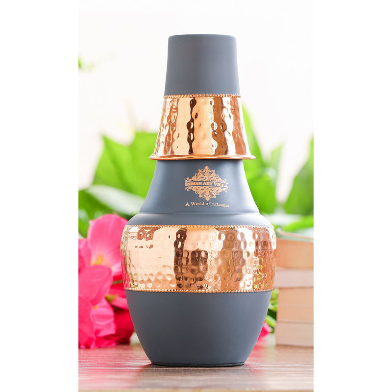Stylish Surahi Design Bedroom Copper Bottle with Smooth Grey Silk Coating and Hammered Detailing