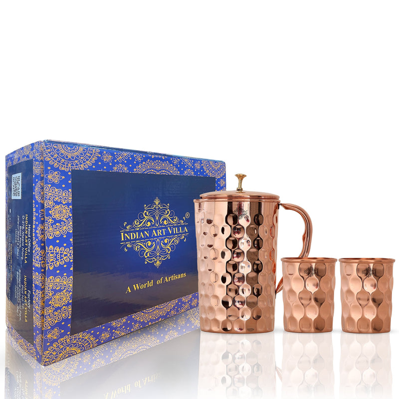 Sparkling Hammered Diamond Design Copper Jug Set – Indian Art Villa 3-Piece Luxury Gift for Health & Style