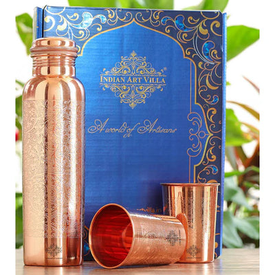 Pure Copper Drinkware Gift Set- Embossed Design 1 Bottle & 2 Glass