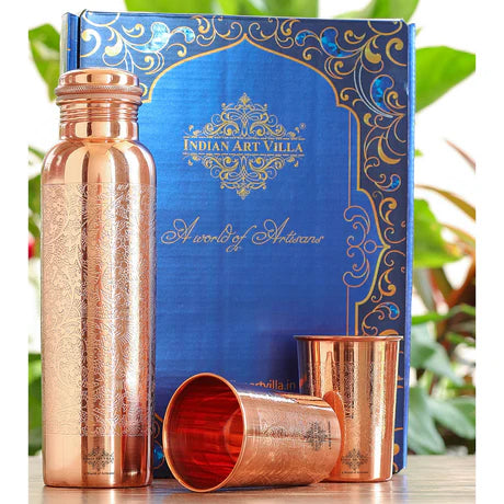 Pure Copper Drinkware Gift Set- Embossed Design 1 Bottle & 2 Glass