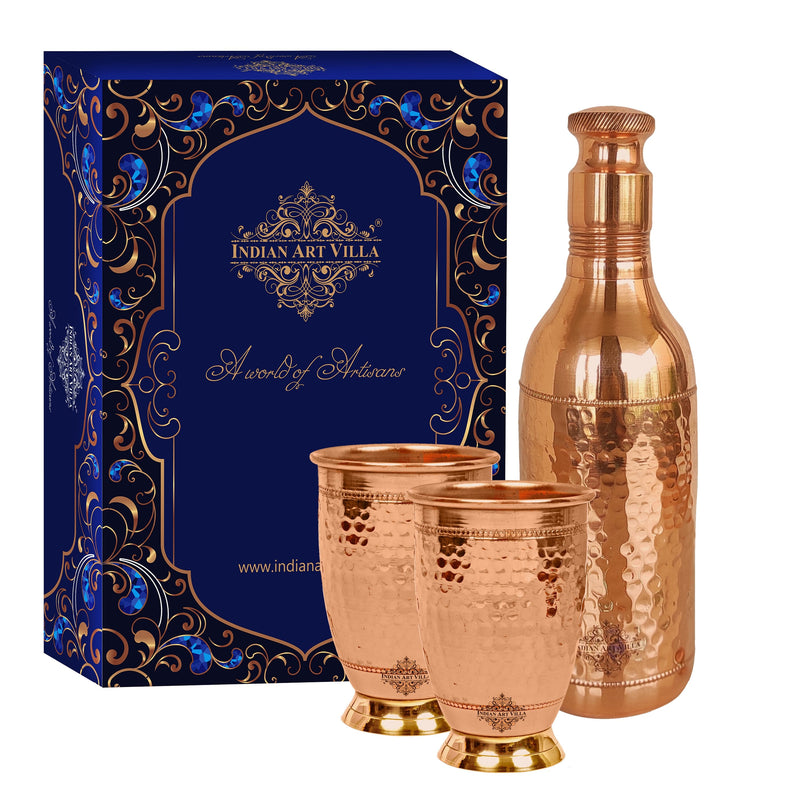 Indian Art Villa Set of Pure Copper Hammered Leak Proof Cocktail Water Bottle & Two Glasses with Brass Bottom with a Gift Box | Drinkware | Bottle: 1500 ml, Glass: 450 ml