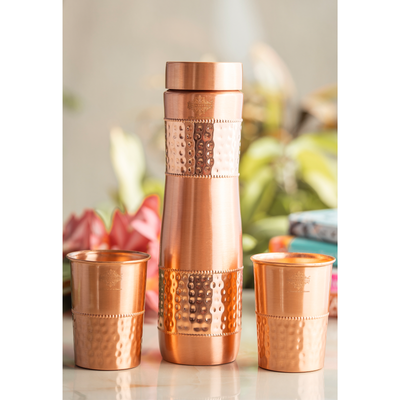 Copper Bottle With Two Glass Set Half lacquer Coated & Hammered Design