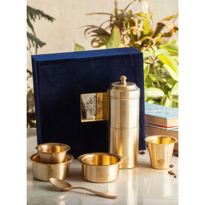 Pure Brass South Indian Coffee Filter Gift Set with 2 Dabra Sets