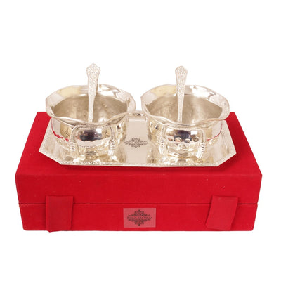 Pure Silver Plated Set of 2 Designer Bowl with 2 Spoon 1 Tray