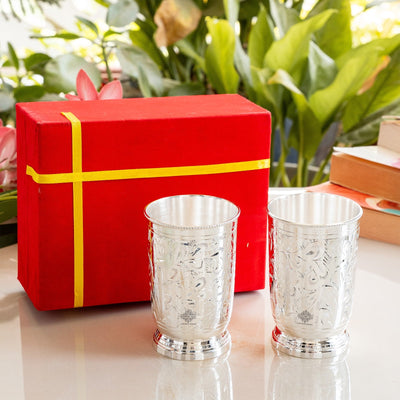 Silver Plated Glass With Embossed Design Set of 2