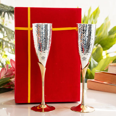 Silver Plated & Brass Champagne Hammered Wine Glass With Red Box