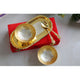 Gold finish brass tray set with two silver plated bowls and matching engraved spoons made by Indian Art Villa