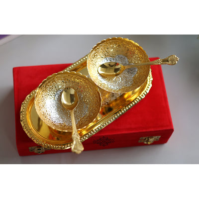 Brass With Silver Plating & Gold Polished Tray Set- Red Velvet Gift Box