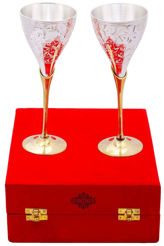 Silver Plated & Brass Champagne Engraved Wine Glass With Red Box