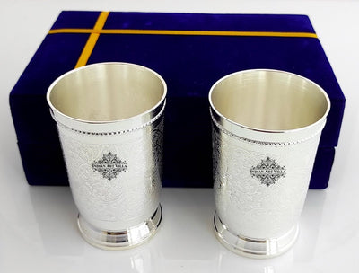 Embossed Designer Silver Plated Set of 2 Designer Glass With Blue Box